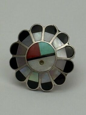 Sterling Silver Floral Inlay Ring with Turquoise, Red & Black Accents